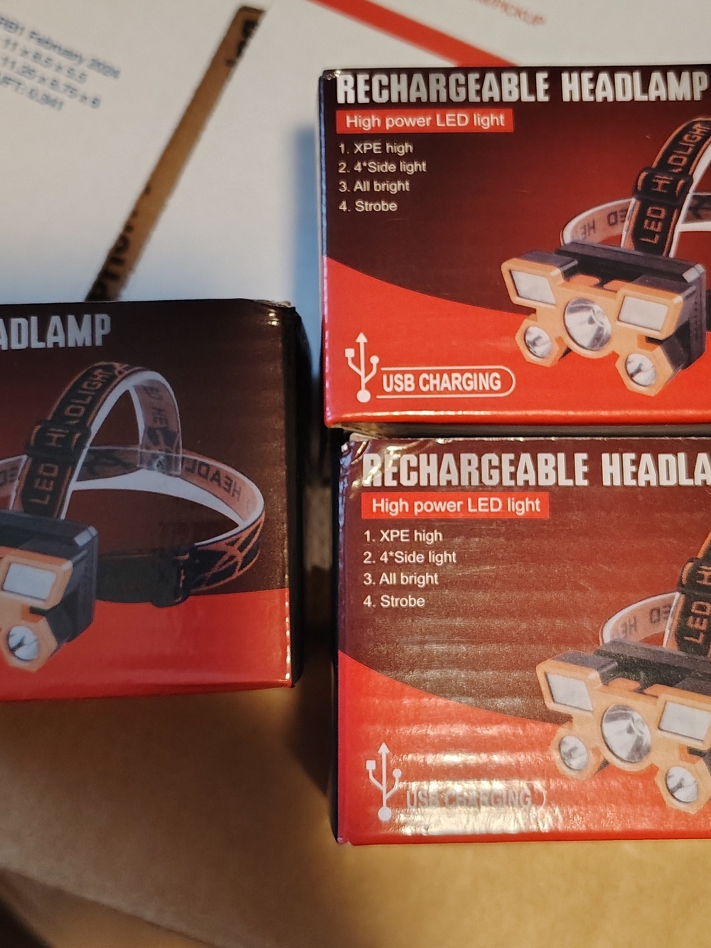 Set Of 3 Rechargeable LED Headlamp with USB Charging - Orange/Black